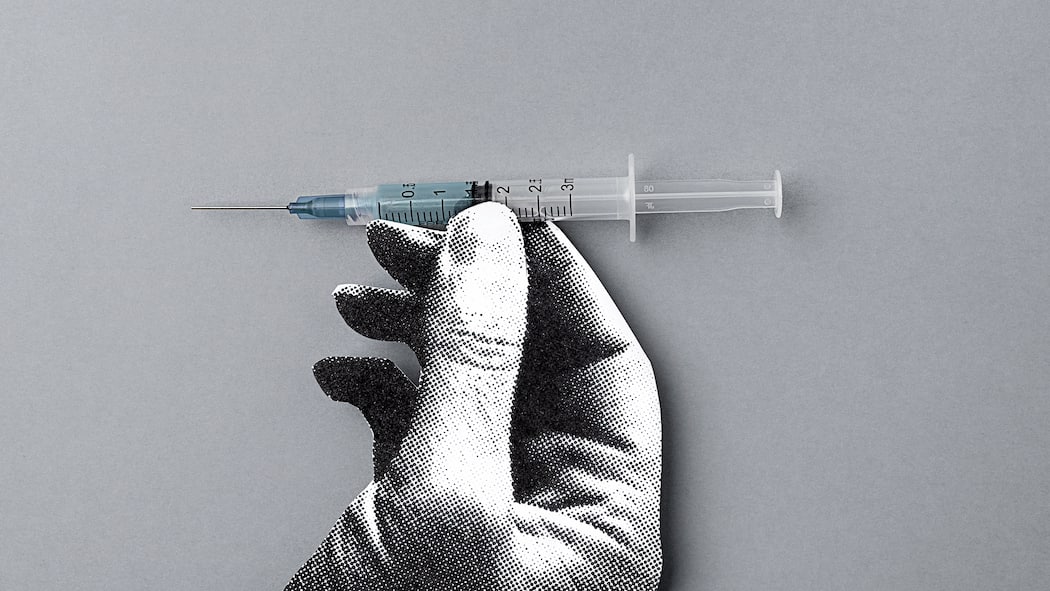 Wieso nochmals impfen? Illustration of a hand holding a vaccine, collage and paper.