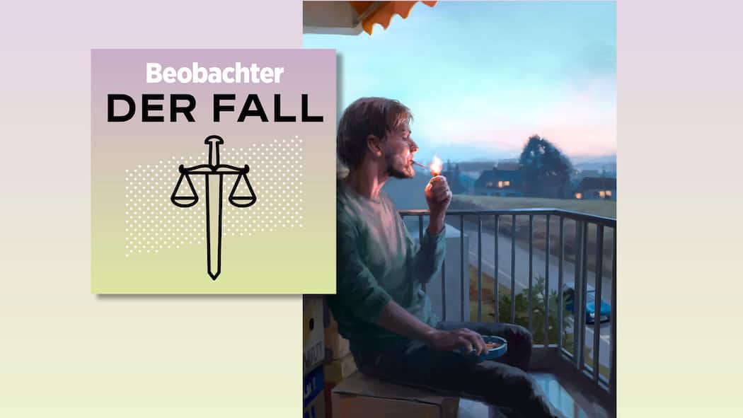 Freispruch nach Feuer: Wer zahlt 200’000 Franken Sachschaden? Podcast-Logo mit Illustration eines rauchenden Mannes - Er raucht eine Zigarette in der Morgensonne. Eine Stunde später muss die Feuerwehr ausrücken, der Schaden ist riesig. Es folgt ein Rechtsstreit, der im finanziellen Ruin zu enden droht. Hören Sie die Hintergründe zu diesem Fall im Podcast