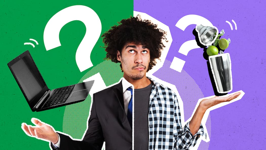 Sie haben zwei Jobs? Dann sollten Sie das wissen Mann jongliert mit Cocktailshaker und Laptop - was rechtlich gilt bei mehreren Jobs