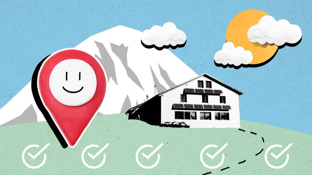 Diese Regeln gelten in Schweizer Berghütten Berghütte und Google-Maps-Punkt (Illu) - Die oberste Berghüttenwartin der Schweiz erzählt, was sich Gäste so erlauben. Und wie man es besser macht