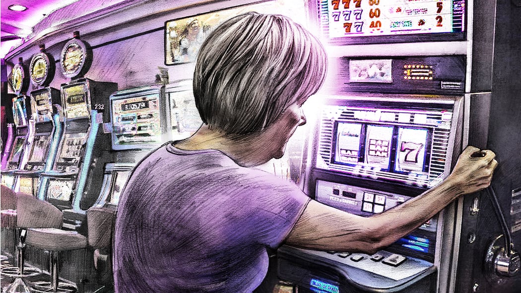 Der Tod macht ihr keine Angst mehr Frau sitzt in Casino am Spielautomaten