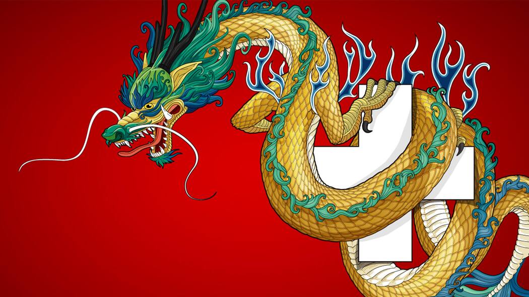 Die Schweiz in den Fängen des Drachen Der chinesische Drache umschlingt die Schweiz
