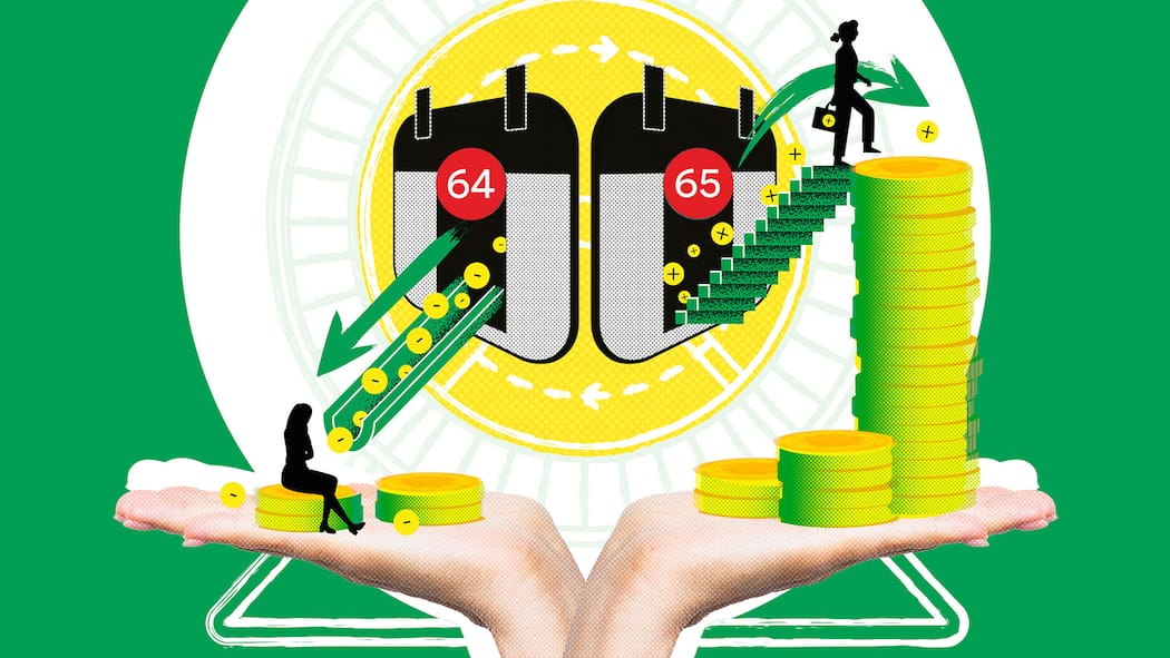 Für diese Frauen lohnt sich die Frühpensionierung Auf der rechten Seite, die mit der Zahl 65 markiert ist, steigt eine Frau die Treppe hoch und erhält dadurch mehr Geld. Auf der linken Seite, die mit der Zahl 64 markiert ist, sitzt eine Frau auf einem kleinen Stapel Geldmünzen und erhält weniger Geld. Das höhere Rentenalter bei Frauen bewirkt, dass diese länger arbeiten müssen. Doch für die spätere AHV-Rente lohnt es sich für Frauen nicht unbedingt, bis 65 zu arbeiten. Das ist der Grund.