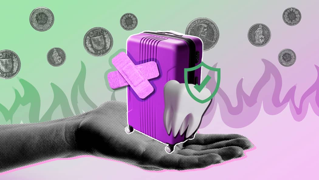 Welche Zusatzversicherungen sind sinnvoll – und welche nutzlos? Auf einer ausgestreckten Hand steht ein Rollkoffer, an dem ein Heftpflaster angebracht ist, daneben ein Zahn und drumherum schwirren diverse Frankenstücke. Bei Zusatzversicherungen der Krankenkasse gilt es, sich gut zu überlegen, welche nötig sind. Bei welchen Versicherungen Sie Geld sparen können und wo es sich lohnt, sich abzusichern.