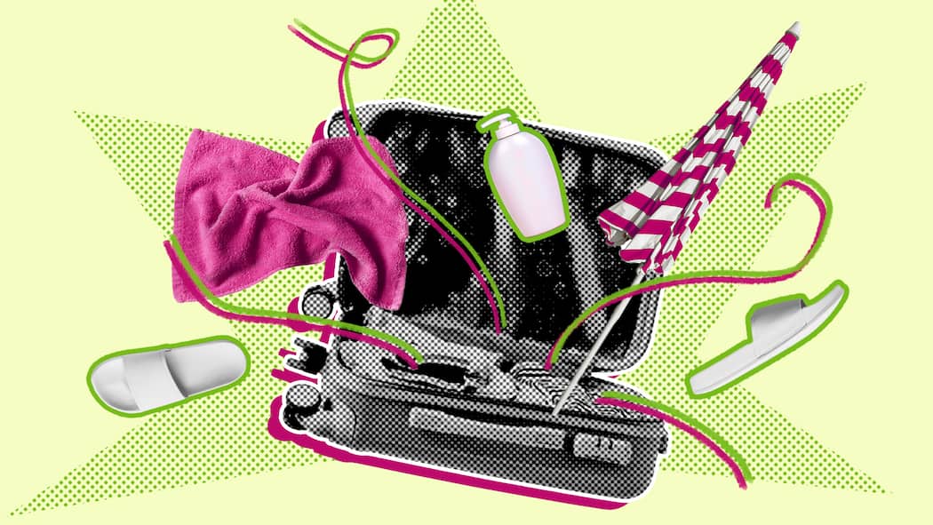 Das Hotelshampoo eingepackt – darf man das? Collage aus Shampoo, Handtuch und Koffer – Shampoo, Kugelschreiber, Badeschlappen – Hotelgäste lassen so einiges mitgehen. Was droht, wenn man erwischt wird