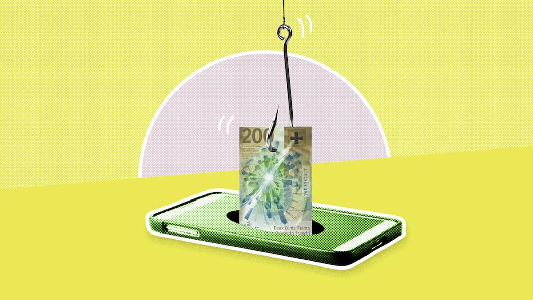 Opfer soll nach Twint-Betrug ein nie bestelltes Handy bezahlen Illu mit Handy und Angelhaken - Zuerst leerten Kriminelle das Twint-Konto des Opfers, dann kauften sie auf Kredit ein. Haften soll die betrogene Frau