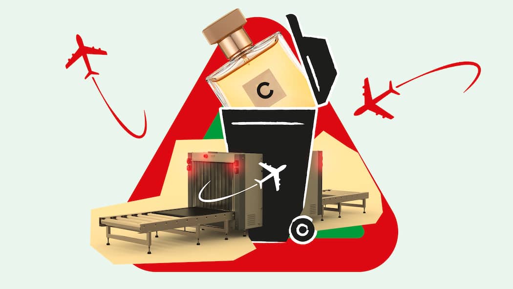 So haben Sie keinen Stress am Flughafen Ein rotes Dreieck mit einer Sicherheitskontrolle, Parfüm, einer Mülltonne und einem Flugzeug vor grünem Hintergrund mit roten Flugzeugen. Was am Flughafen gilt.