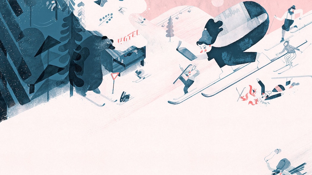 Das grosse Pisten-Abc Karikatur-Zeichnung mit Chaos auf der Skipiste