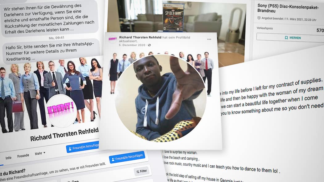 Gefangen im Netz der Benin-Bande Collage von Screenshots der Online-Betrüger