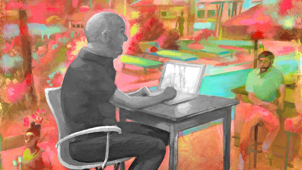 Wie ein Betrüger seinen Flirt um Tausende Franken erleichterte Illustration: Mann sitzt in seinem Haus in Thailand am Laptop