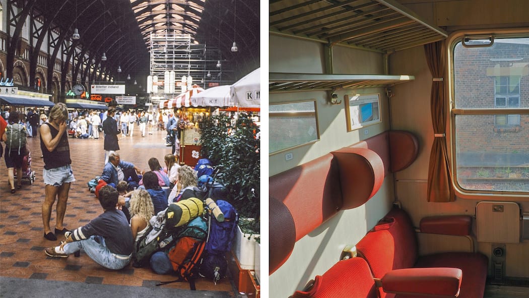 Mit dem Zug nach Irgendwo Interrailer am Kopenhagener Hauptbahnhof (2004); Interieur eines alten Deutsche-Bahn-Waggons