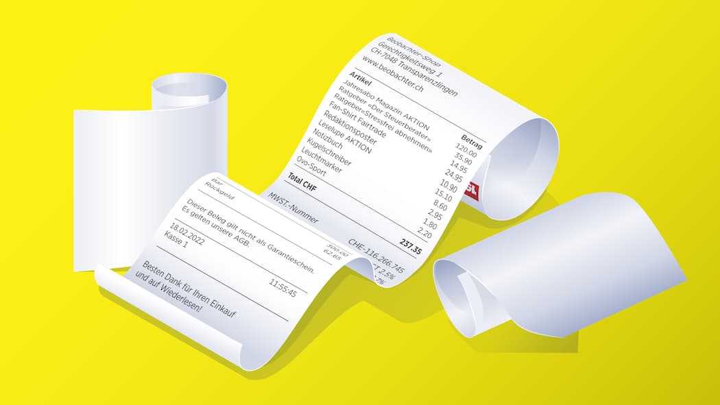 Was soll man mit Quittungen machen? Auf einer illustrierten Quittung stehen diverse Einkäufe.