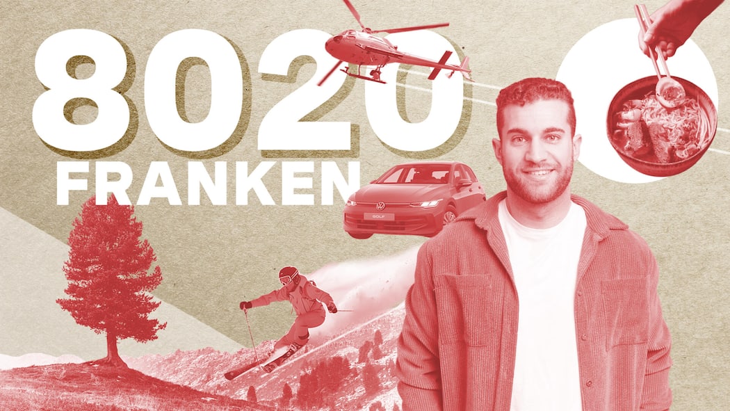«Abends reichen meist Brot, Käse und Salat» Collage mit Mann, Auto, Skifahrer - Moritz Maler arbeitet Vollzeit als Luftfahrzeugmechaniker. Bisher habe er nicht gross aufs Geld geschaut, aber immer bescheiden gelebt, sagt er. Für die Beobachter-Serie legt er sein Budget offen