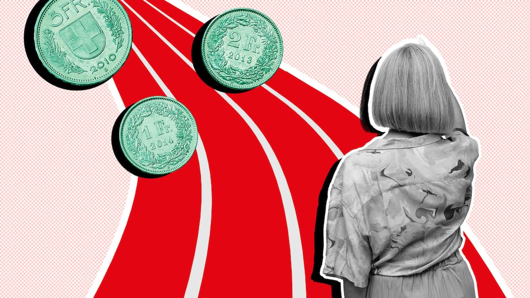 So geht die Rechnung für Frühpensionierte auf Illustration: Frau auf Rennbahn mit Münzen - Kündigt eine Firma seinen Angestellten, werden oft auch Frühpensionierungen durchgesetzt. Doch welche Optionen haben Betroffene, die gern noch weiterarbeiten würden