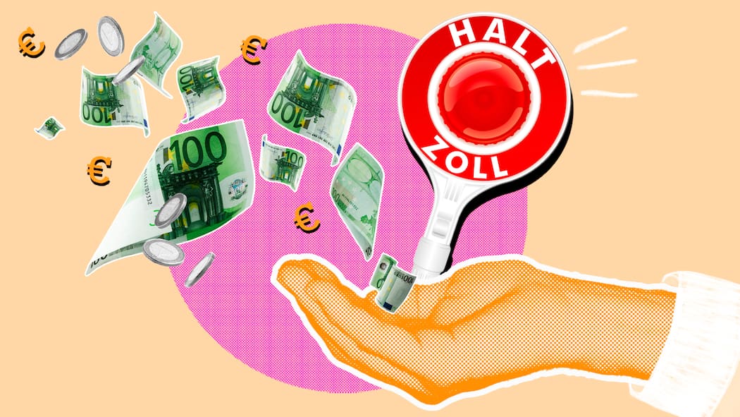 Mehrwertsteuer zurückholen – so einfach gehts Eine geöffnete Hand mit einem Zollschild und Geldscheinen. Wie man sich die Mehrwertsteuer der Nachbarländer erstatten lässt