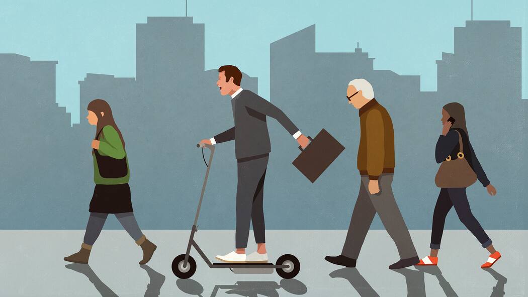 Altersdiskriminierung: Der neue Sexismus? Illustration mit Personen verschiedenen Alters, die sich fortbewegen. Der Verein Swiss Diversity hat kürzlich eine Veranstaltung zu “Diskriminierung aufgrund des Alters” organisiert. In der Arbeitswelt ist das Problem weit verbreitet.