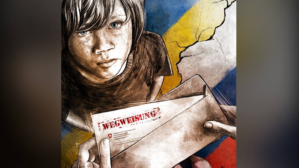 Weggewiesen statt beschützt Illustration: Mutter hält Wegweisungsentschied in der Hand, Sohn guckt traurig