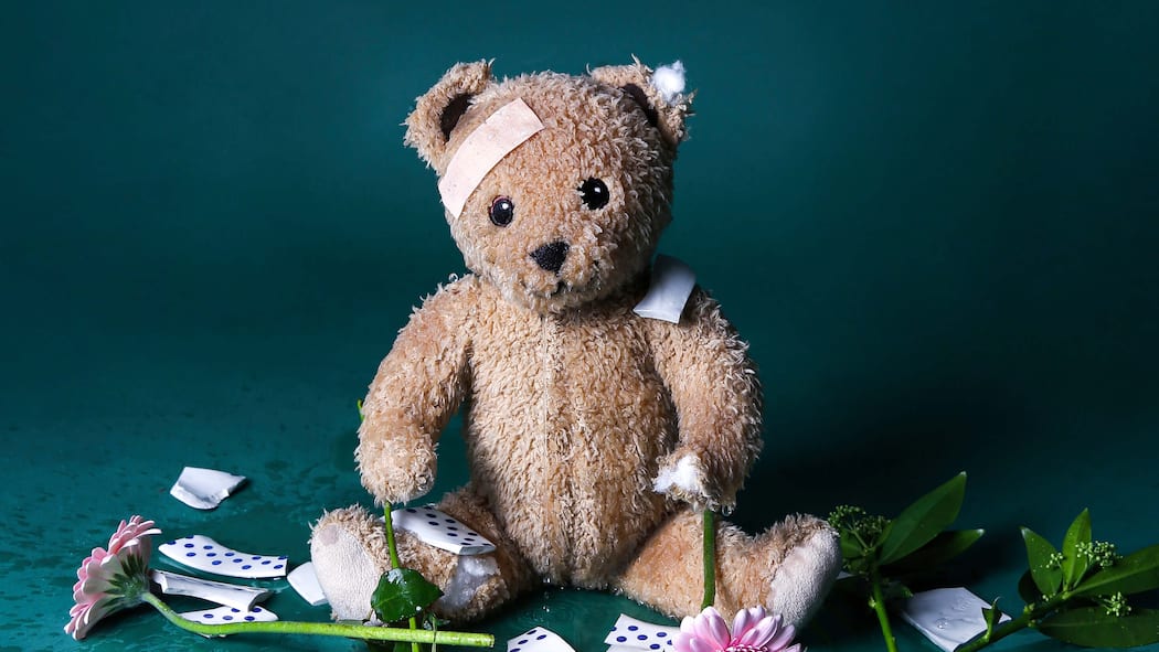 So teuer können Kampfscheidungen werden Teddybär umgeben von Glassplittern und Blumen