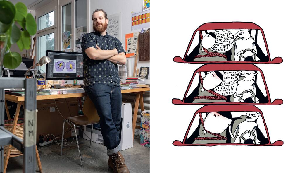 Die Kunst der Stunde Nando von Arb und eine seiner Illustrationen aus dem Buch «Drei Väter»