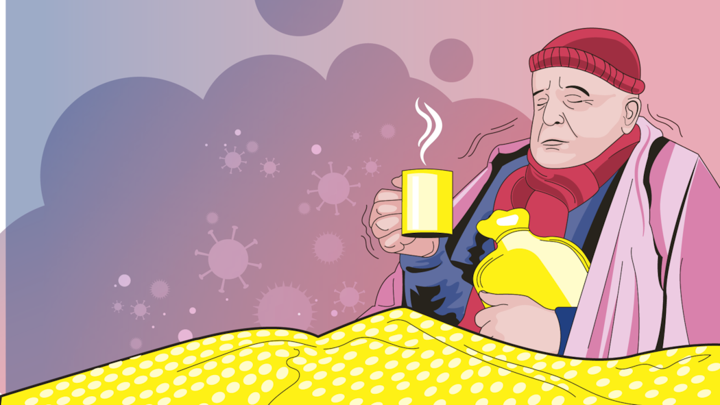 Ab wann man wegen Fieber zum Arzt sollte Illustration: Mann mit Fieber im Bett