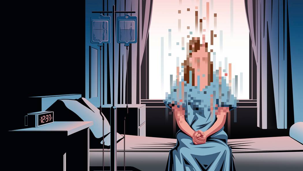 Jetzt wirds richtig gefährlich Illustration: Verpixelte Patientin sitzt auf Spitalbett