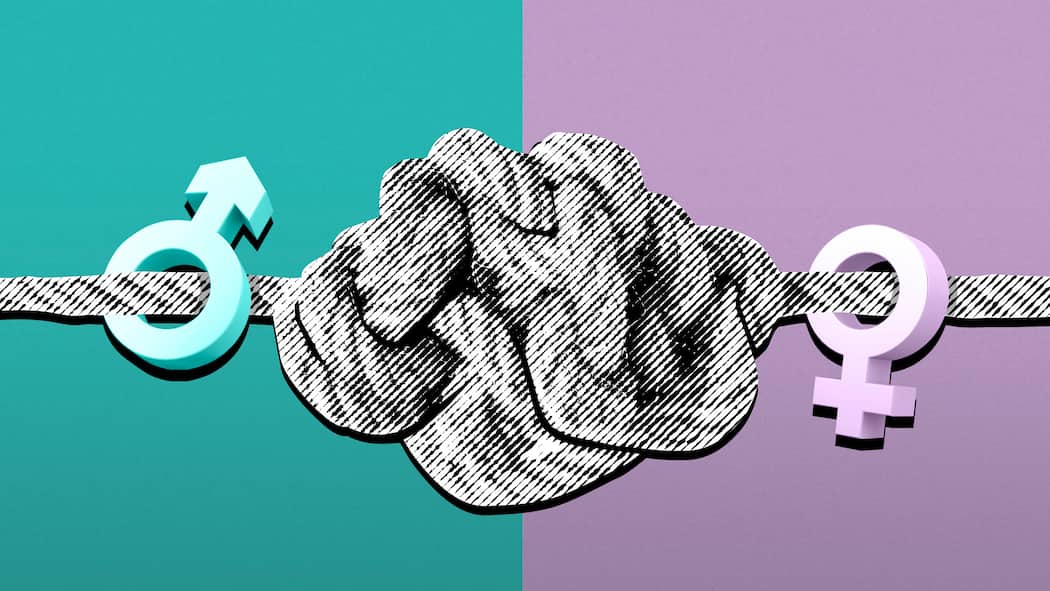 Wie kommt Frau zu mehr Rente? Illustration: Knoten mit männlichem und weiblichem Symbol auf türkisem und lila Hintergrund. Das AHV-Alter der Frauen steigt – im Gegenzug wurde ihnen eine bessere zweite Säule in Aussicht gestellt. Es scheint ein leeres Versprechen zu bleiben.