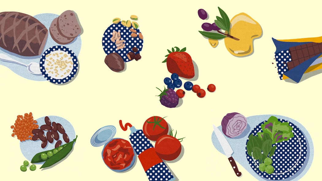 Diese Lebensmittel halten unser Herz länger fit Illustration mit herzgesunden Lebensmitteln