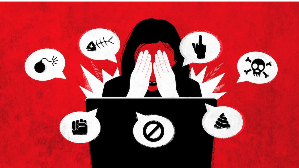 Und täglich postet der Hater Eine Frau sitzt vor einem Laptop und hält sich die Augen zu. Aus dem Bildschirm drängen Sprechblasen mit gewalttätigen Symbolen.
