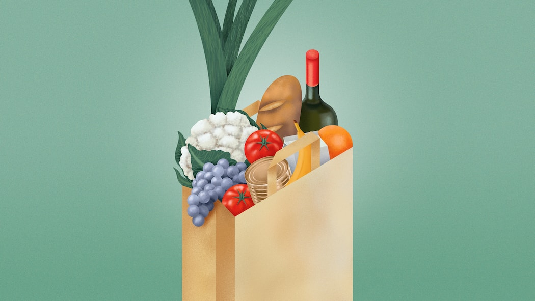 Werden wir ständig manipuliert? Illustration Einkaufstasche mit Lebensmittel. Supermärkte sind Manipulationsmaschinen. Wer ihre Tricks kennt, kann sich aber wappnen.