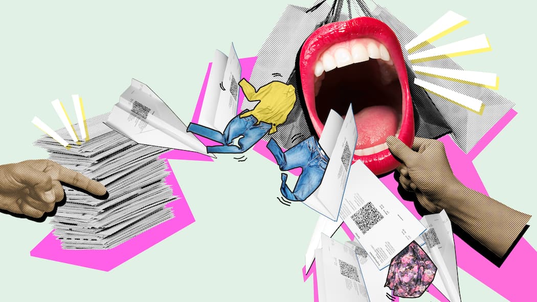 Wie frech dürfen Geldeintreiber sein? Auf einer Illustration flattern diverse Mahnungsschreiben mit einem QR-Code herum. Rechts davon ist ein geöffneter Mund zu sehen, an dessen Lippen eine Hand zerrt. Wer Post von einem Inkassobüro erhält, weil eine angebliche Zahlung nicht beglichen wurde, hat meistens nichts zu befürchten ausser dass man dabei die Nerven verliert. Das sind Ihre Rechte als Konsumentin.