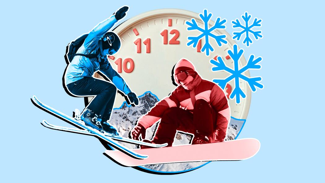 Wo ein Tag Skifahren 120 Franken kostet Wo ist Skifahren am Teuersten? In St. Moritz. Illustration von Skifahrern und Snowboardern vor einer Uhr