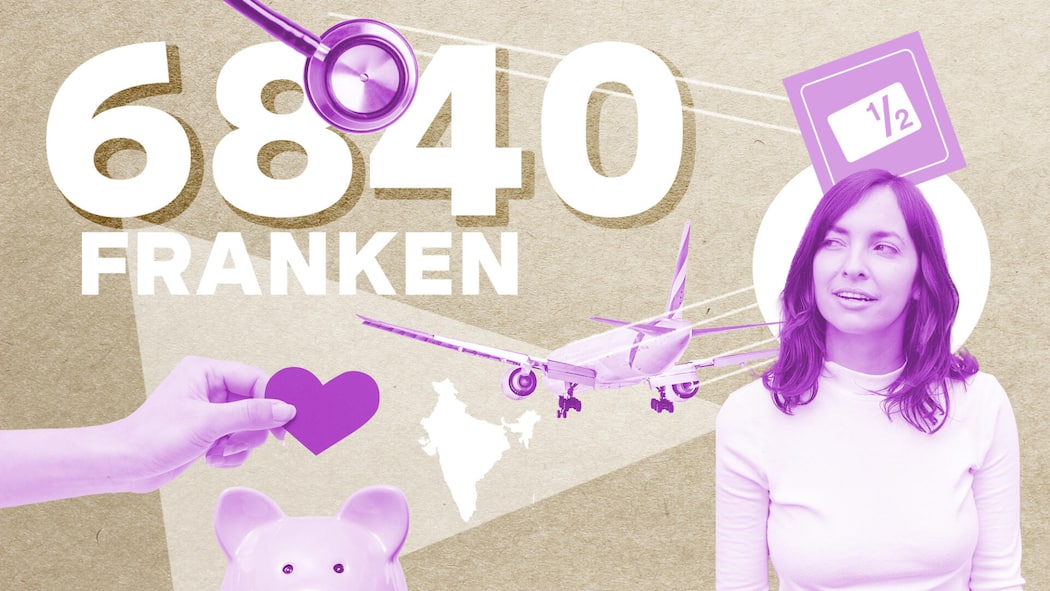 «Wir zahlen insgesamt 2100 Franken Steuern» Illustration Collage Abrechnung, Folge 65: Verkäufer-Ehepaar, Farbversion Violett