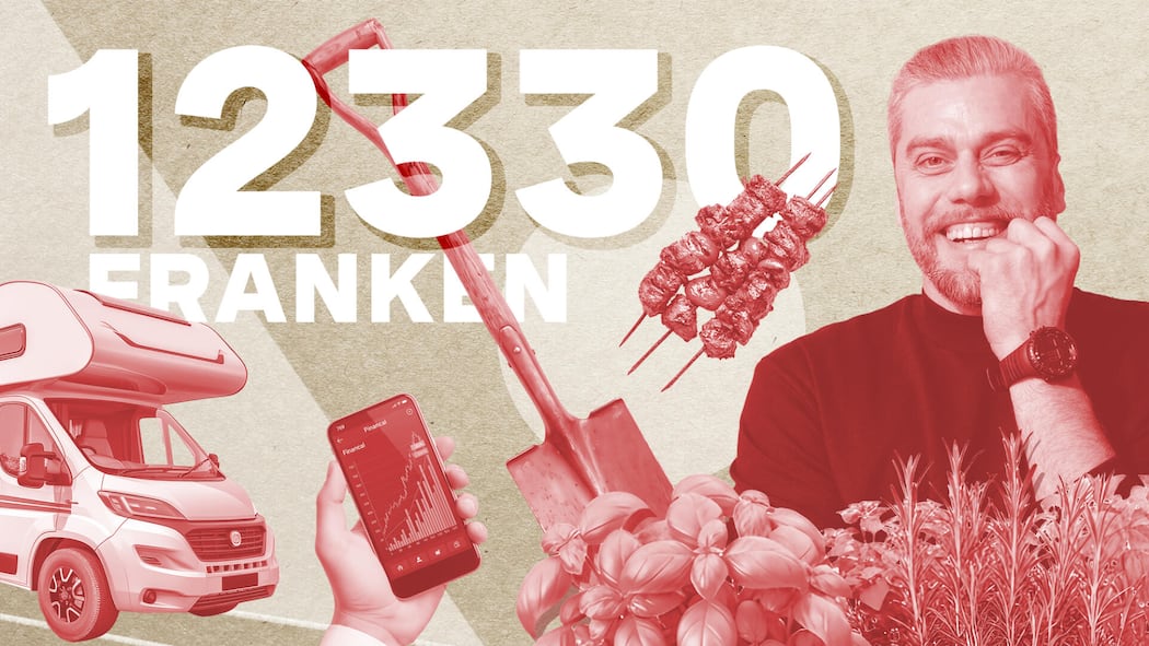 «Ich lege im Jahr 90’000 Franken auf die Seite» Collage zur Budget-Abrechnung eines Preismanagers: ein lachender Mann, Gartenkräuter , Grillspiesse, ein Wohnmobil und Finanzinfos auf dem Handy