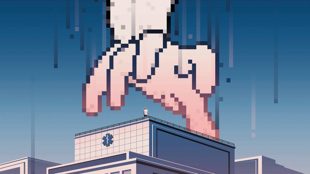 «Wir greifen jede Firma an, zu der wir vollen Zugang erhalten» Illustration: Grosse Hand greift nach Spitalgebäude