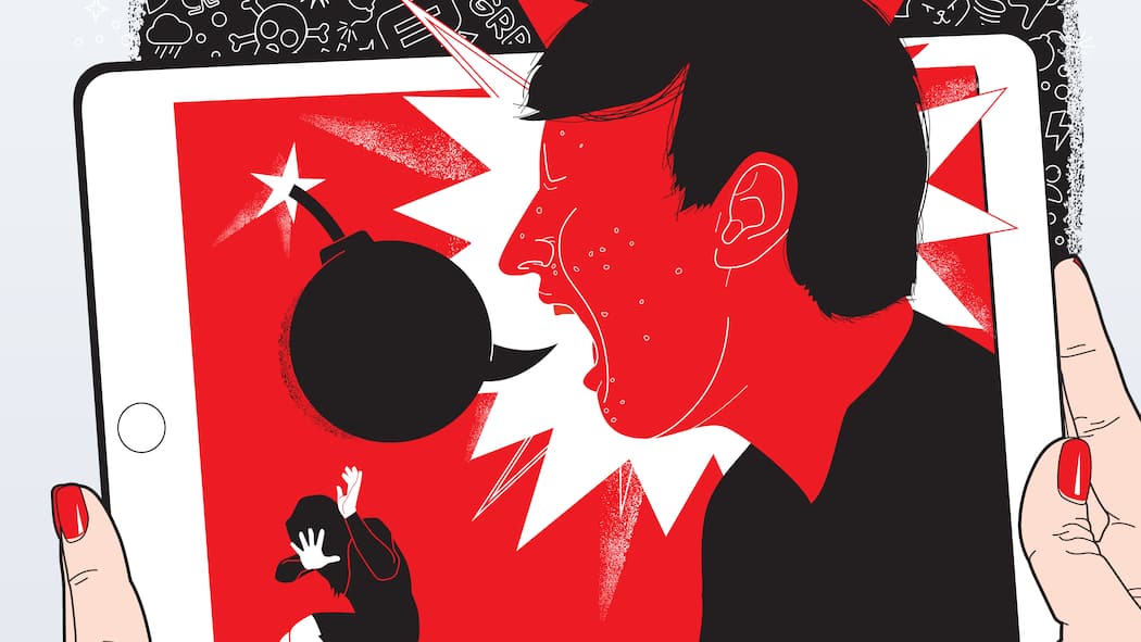 Wo die Meinungsfreiheit endet Illustration: Mann auf iPad brüllt in Richtung eingeschüchterte Frau