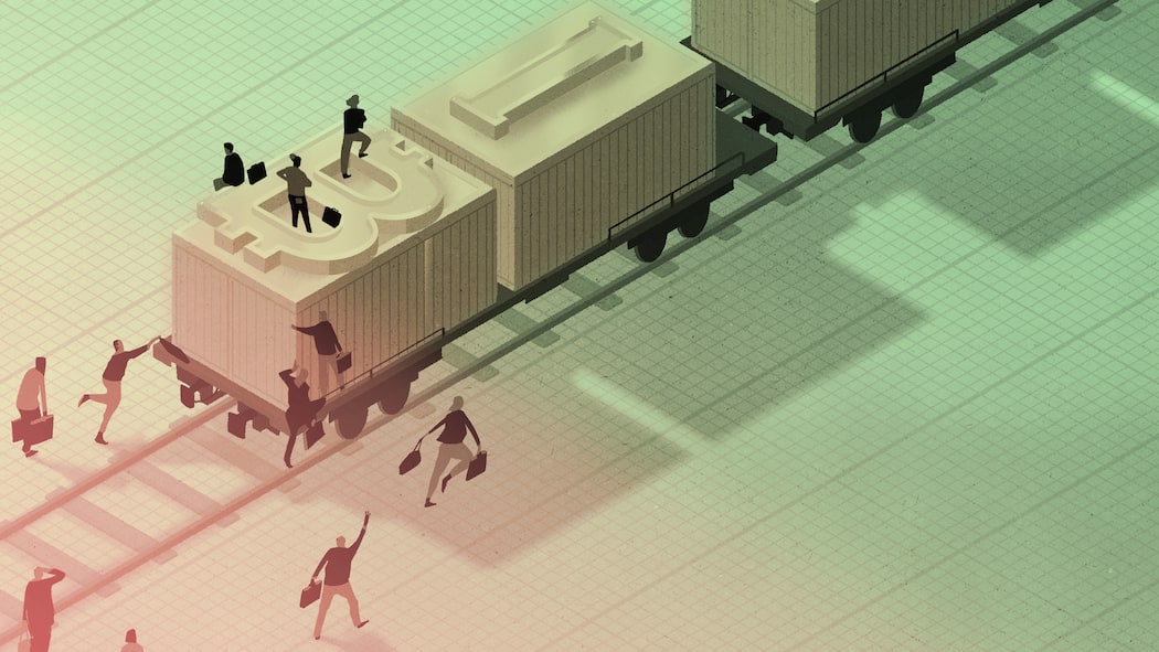 Jetzt in Bitcoins investieren? Illustration Menschen rennen einem Zug mit Bitcoin und anderen Kryptowährungen hinterher. An der Wall Street sind jetzt auch Bitcoin-Fonds zugelassen. Heisst das, dass man jetzt in Kryptowährungen investieren sollte?