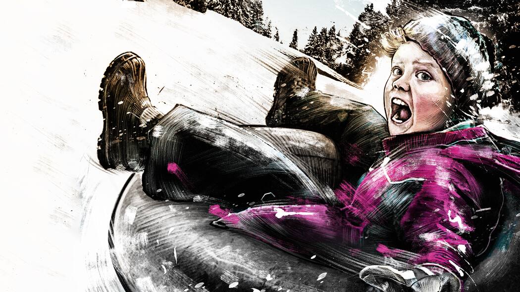 «Wie hätte ich wissen sollen, wie gefährlich das ist?» Illustration: Verängstigtes Kind schlittert auf Gummiring verschneiten Hang hinunter