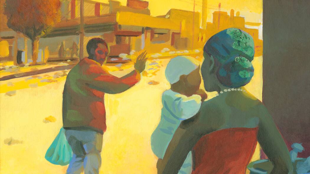 Die zerrissene Familie Illustration: Mann verabschiedet sich von Frau und Kind