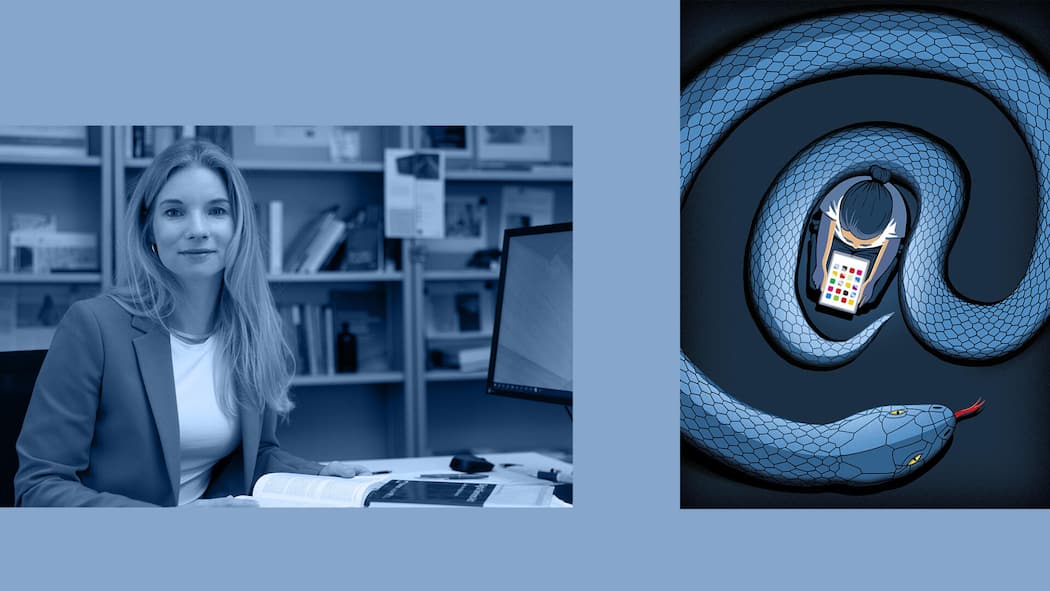 «Es braucht eine klare Sorgfaltspflicht für Tiktok und Co.» Collage aus Porträt von Miriam Buiten und einer gezeichneten Schlange - Techkonzerne machen mit polarisierenden und betrügerischen Inhalten hohe Gewinne. Da laufe systematisch etwas falsch, sagt Miriam Buiten von der Uni St. Gallen. Und das sei ein Risiko