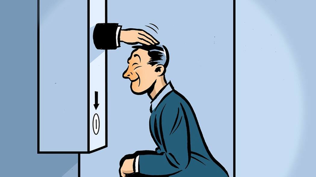 Das lob ich mir! Illustration: Mann lässt sich von maschineller Hand auf den Kopf tätscheln