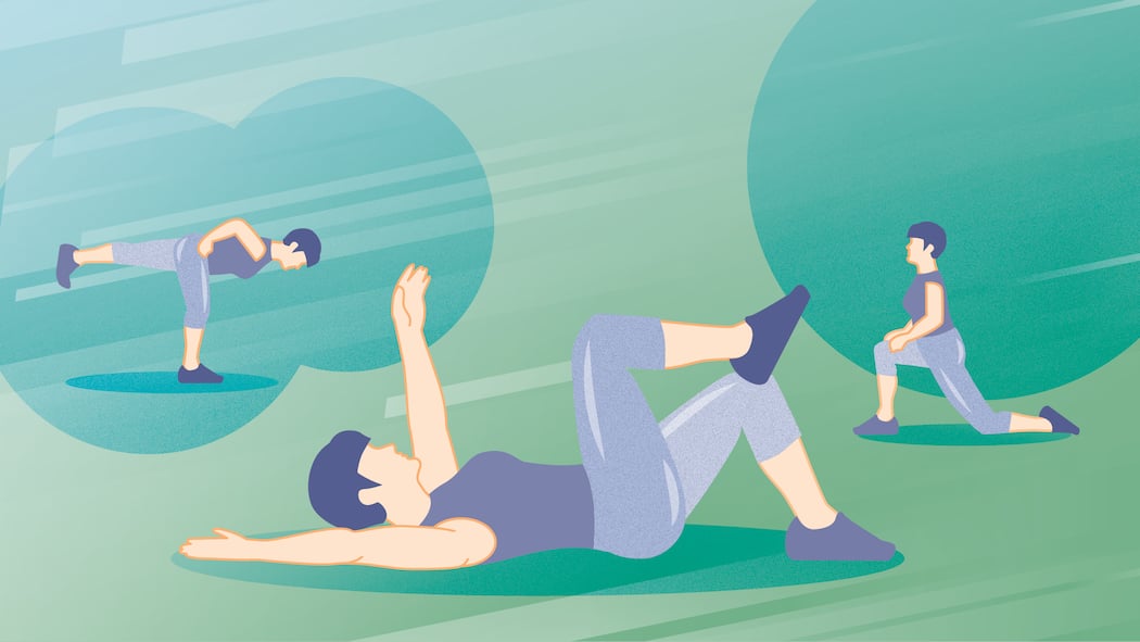 Vergessen Sie das Fitnessabo – machen Sie Krafttraining zuhause Illu mit 3 Übungen - es braucht nicht viel, um Kraft und Ausdauer zu trainieren. Diese einfachen Übungen für zu Hause zeigen, wie