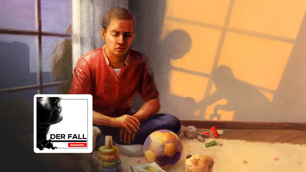 Sterben ohne ein Adieu Illustration Frau mit Brustkrebs sitzt alleine in einem Raum mit Spielsachen vor sich