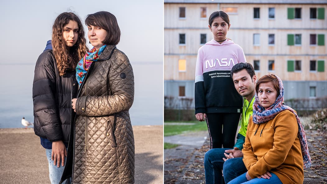 Grosse Solidarität – und danach? Flüchtlinge Maria und Olena Chepurenko (links) und Hosna (stehend), Mohammad und Aisheh Jabari.
