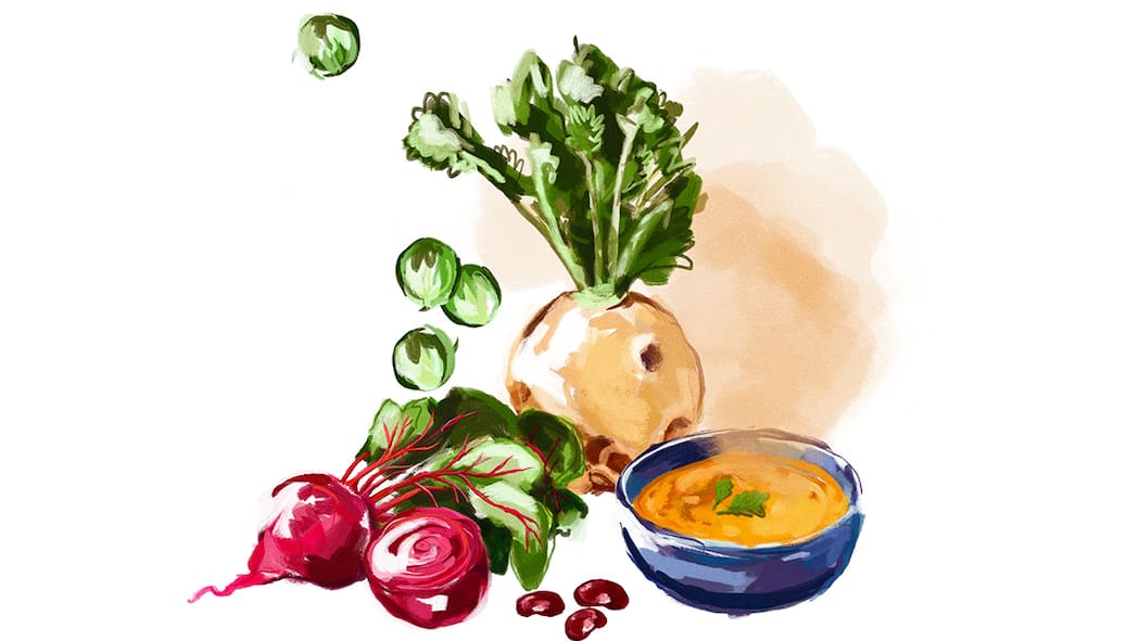 Welche Lebensmittel halten uns im Winter warm? Illustration Wintergemüse und Suppe. Warme Speisen mit viel Eiweiss heizen den Körper auf. Scharf Gewürztes und Alkohol kühlen ihn ab.