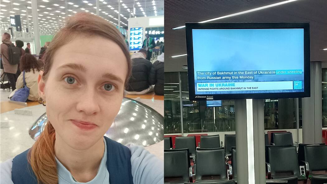 Tröstender Schnee und unsere neuen Heiligen Kateryna Potapenko wartet am Flughafen während in den Nachrichten erneut von russischen Angriffen auf die Ukraine berichtet wird.