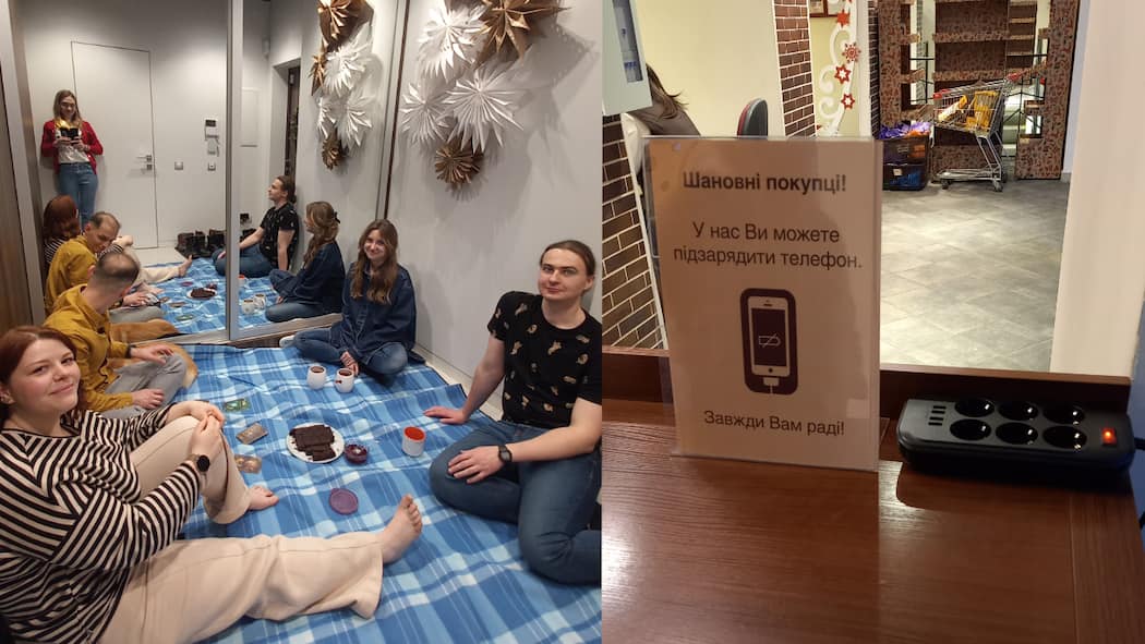 Es gibt keinen sicheren Ort Kateryna Potapenko wartet mit Freunden darauf, dass der Angriff auf Kiew vorbeigeht und Handyladestationen werden immer wichtiger.