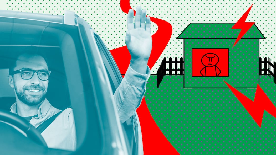 Darf das der Nachbar? Ein Mann winkt aus einem Auto heraus, daneben ein Haus mit einem bösen Strichmännchen. Was sind eigentlich Dienstbarkeiten?