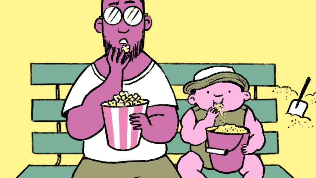 Das Leben live vom Spielplatz Papa und Kind essen Popcorn