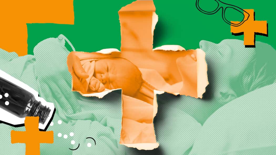 Sollten Sie Ihre  Zusatzversicherung kündigen? Eine Mutter mit Neugeborenem vor Arztkreuzen, einer Brille und einem Fläschchen. Was sollte man bei Zusatzversicherungen beachten, wenn man die bestehende kündigen oder zu einer neuen wechseln will? Der Beobachter liefert Antworten auf die wichtigsten Fragen