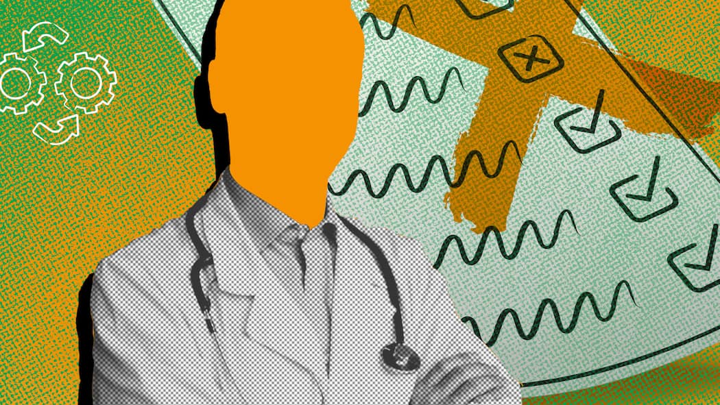 Brauche ich einen neuen Arzt, wenn ich die Krankenkasse wechsle? Eine Person mit Arztkittel und Stethoskop vor einer Checkliste und grün-orangenem Hintergrund. Der Kopf ist orange. Muss man den Hausarzt beim Kassenwechsel tauschen?